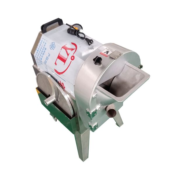 The stainless steel vegetable cutter slices cucumbers, carrots, cabbage, and green onions efficiently for commercial use with its 1500W motor