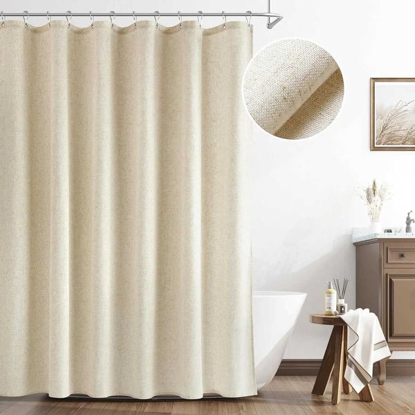 Thick waterproof faux linen shower curtain for luxurious bathrooms, featuring weighted fabric and hooks for stability