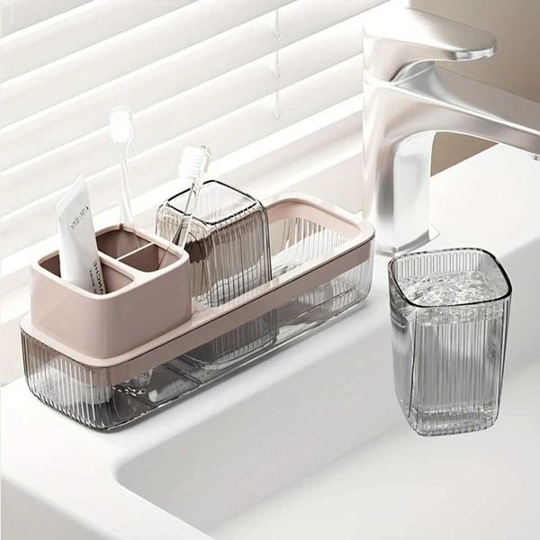 Transparent toothbrush holder with dual compartments and tumbler stand for bathroom countertop organization