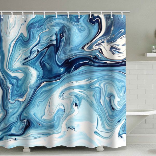 Trippy blue marble polyester shower curtain, waterproof bathroom decor with hooks