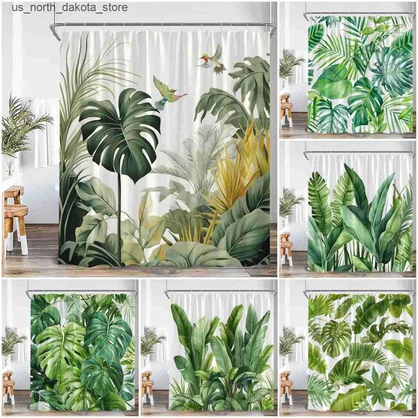 Tropical leaf monster shower curtains featuring jungle forest green plants for modern Nordic bathroom decor