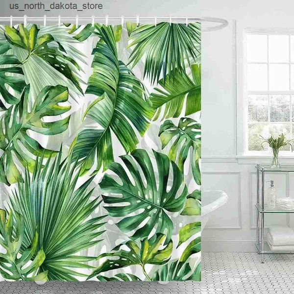 Tropical leaf shower curtain featuring green palm and banana leaves with a jungle plant design, perfect for a modern Hawaiian-themed bathroom decor