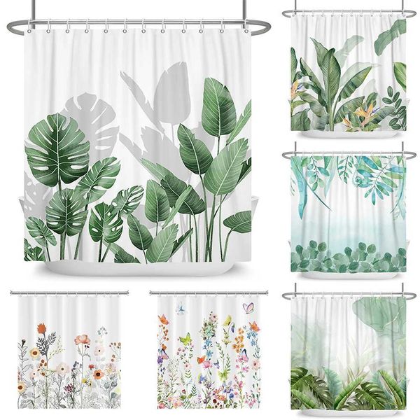 Tropical leaf-patterned polyester shower curtain with tulip designs, waterproof and refreshing for your bathroom