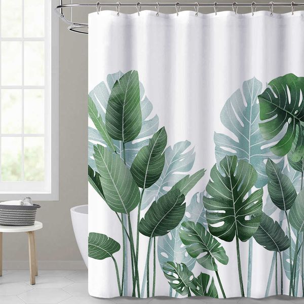 Tropical palm leaf design polyester shower curtain set, waterproof 3D printed bathroom decor with stylish screen