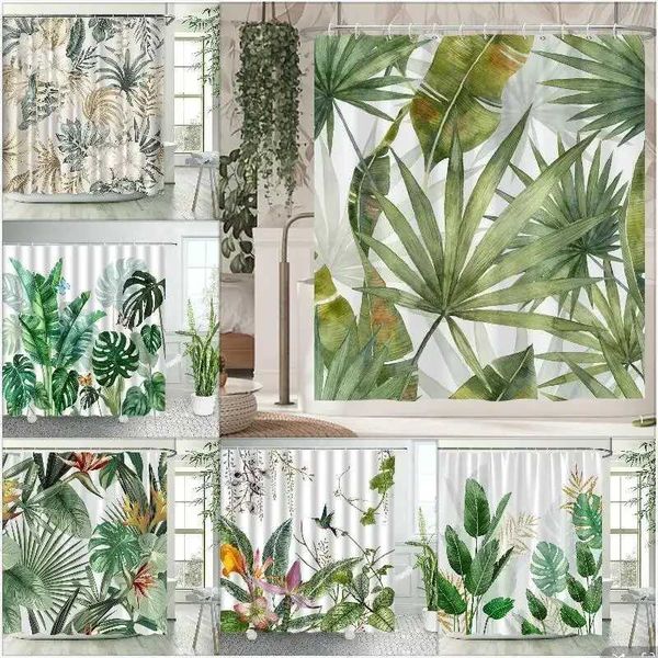 Tropical Plants Floral Shower Curtains Beige Green Palm Leaves Flowers Nordic Decor Bathroom Polyester Bath Curtain with Hooks Y240815