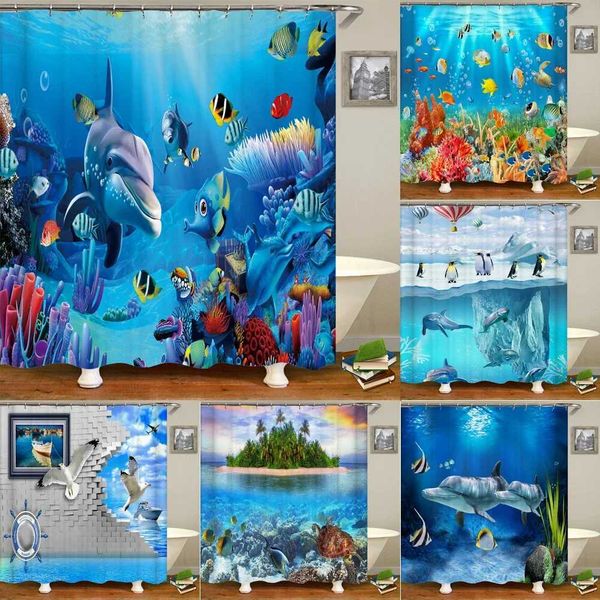 Underwater-themed 3D shower curtain featuring ocean life like fish, turtles, and dolphins for bathroom decoration