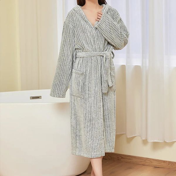 Unisex striped fleece bathrobe with hood in pink and grey, cozy sleepwear for women at home