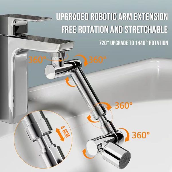 Universal 1440° rotating faucet aerator with retractable alloy robotic arm for flexible kitchen use