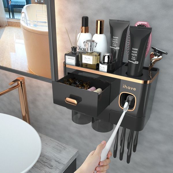 Upgraded wall-mounted toothbrush holder with built-in toothpad dispenser and spacious cosmetic drawer tray