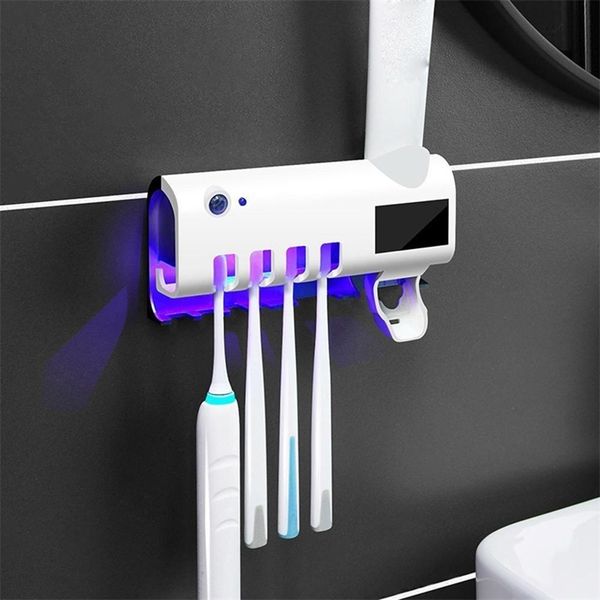 UV toothbrush sanitizer with solar power, no charging needed, includes toothpaste dispenser for bathroom storage