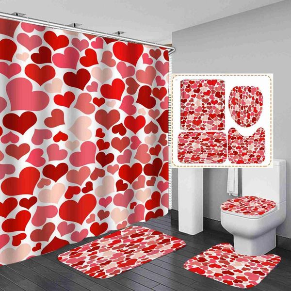 Valentine's Day bathroom collection featuring heart-patterned shower curtains, non-slip rug, U-shaped tub cushion, and red shower curtains with 12 hooks