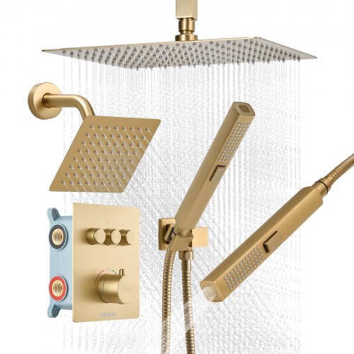 VEVOR 12-inch thermostatic ceiling shower system with 6-inch wall head and dual handheld spray, offering 3 spray modes