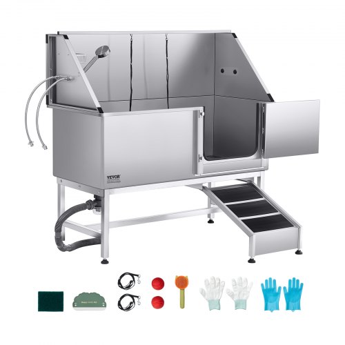 VEVOR 62-inch stainless steel pet grooming tub with ramp, PE filter board, faucet, showerhead, and soap holder