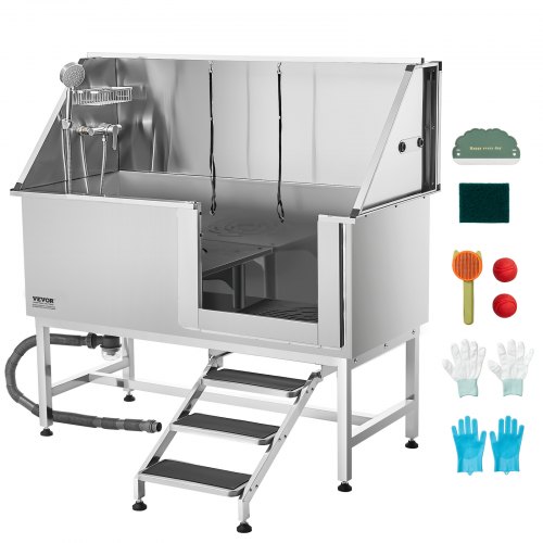 VEVOR 62-inch stainless steel pet grooming tub with stairs, PE filter board, faucet, showerhead, and soap holder
