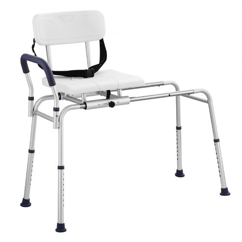 VEVOR adjustable-height sliding tub transfer bench with reversible backrest, safety belt, and non-slip shower seat featuring a cut-out design