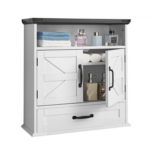 VEVOR bathroom wall cabinet with 2 doors, adjustable shelf, over-toilet storage, wall-mounted medicine cabinet, and hanging organizer featuring a drawer and open space