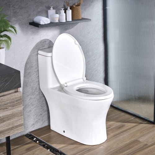 VEVOR one-piece elongated toilet with dual-flush vortex system (1.0/1.28 GPF), featuring comfortable chair-height seating and easy-clean design for bathrooms