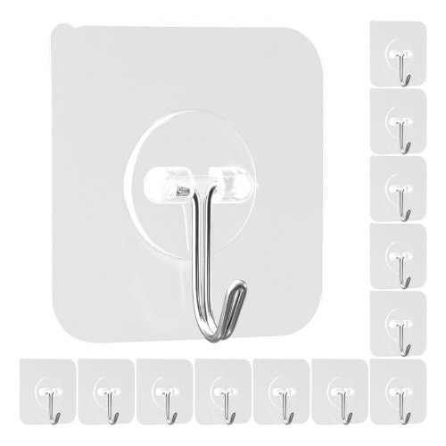 VEVOR self-adhesive hooks set of 12, heavy-duty stainless steel wall hooks with 15 lb capacity, ideal for bathrooms and kitchens
