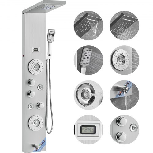 VEVOR shower panel with 6 spray modes, LED display tower featuring rainfall, waterfall, 4 massage jets, tub spout, and handheld shower