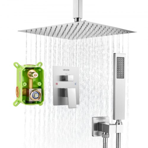 VEVOR shower set featuring a 12-inch square rain head and handheld spray, ceiling-mounted bath fixtures with braided hose
