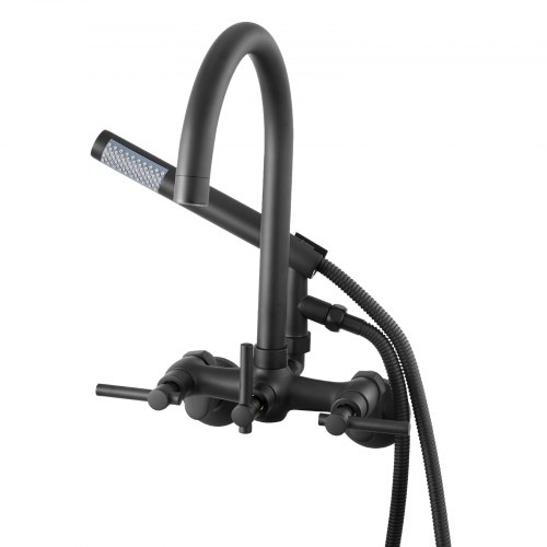 VEVOR vintage-style wall-mounted bathtub faucet with handheld shower in matte black finish, featuring adjustable swing function for clawfoot tubs