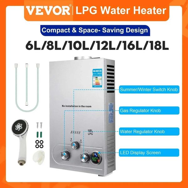 VEVOR's LPG water heaters come in 6L to 18L capacities, featuring stainless steel construction for propane or butane use