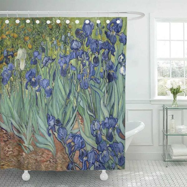 Vincent van Gogh's 1889 Dutch Post-Impressionist Irises artwork printed on a 72x78 inch waterproof polyester shower curtain with included hooks