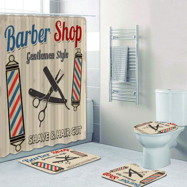 Vintage barber shop shower curtain set for bathroom decor, including bathtub accessories and matching bath mats or rugs