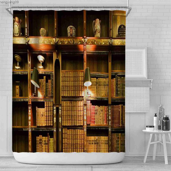 Vintage book-themed waterproof shower curtain featuring a magical bookshelf design, perfect for bathroom decor