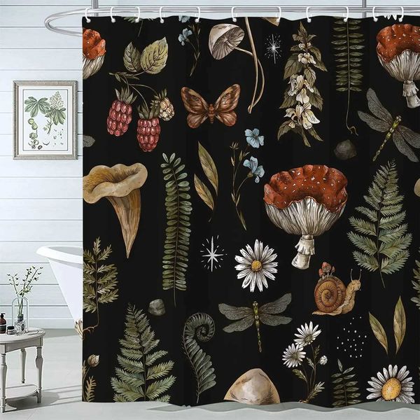 Vintage mushroom-themed shower curtains featuring woodland butterflies and flowers, perfect for black bathroom decor, includes hooks