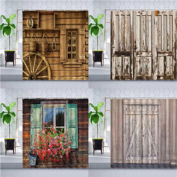 Vintage waterproof polyester shower curtain featuring retro floral window and barn shutter designs on an old wooden door backdrop