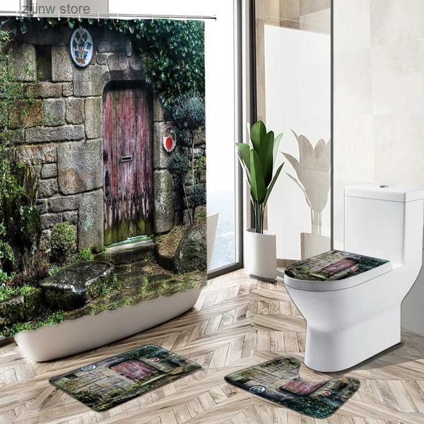 Vintage wooden door shower curtain with antique farmhouse decor for rustic bathroom style