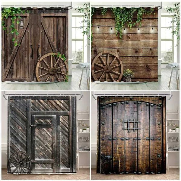 Vintage wooden door shower curtains featuring a retro wheel and brown wood board design, adding rustic charm to your bathroom decor, complete with hooks