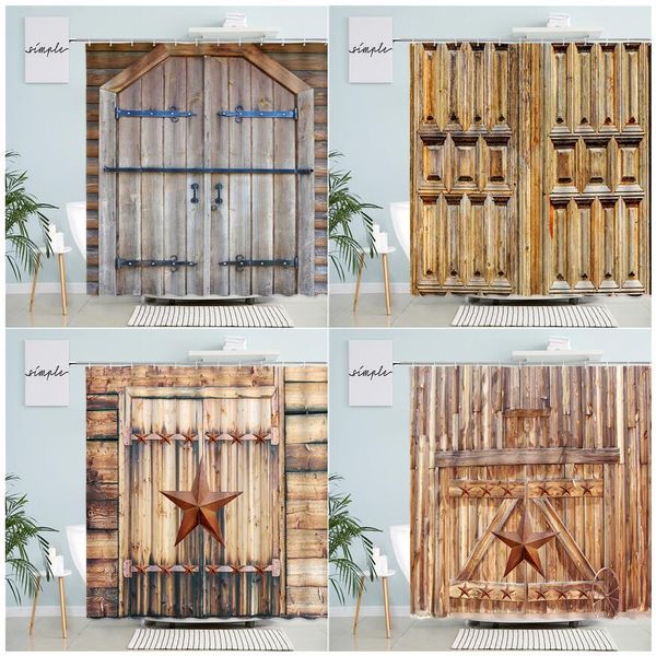 Vintage wooden farmhouse shower curtains featuring a retro Texas star design, crafted from modern polyester fabric for stylish bathroom decor with included hooks