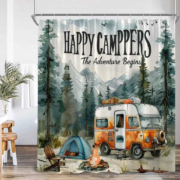Vintage-inspired polyester shower curtain featuring abstract mountain and forest scenery, perfect for camper-themed bathroom decor with included hooks