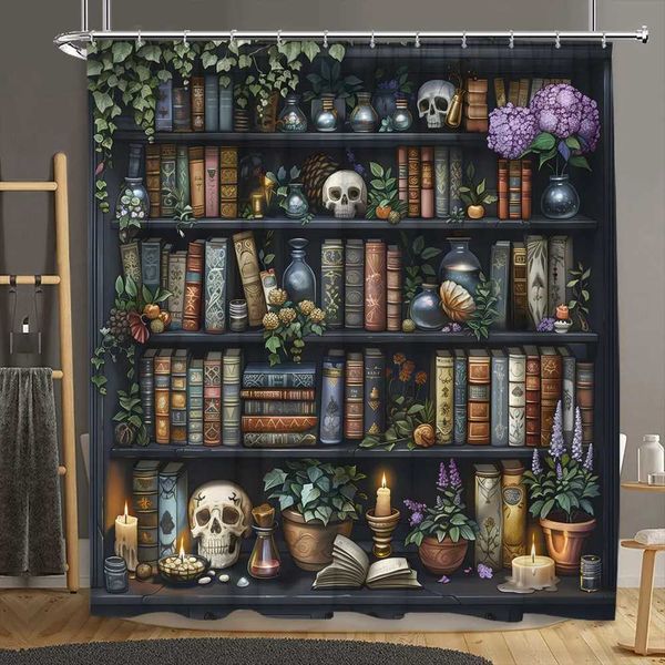 Vintage-inspired shower curtain featuring classic bookshelves, skulls, Halloween candles, and floral plants for stylish bathroom decor