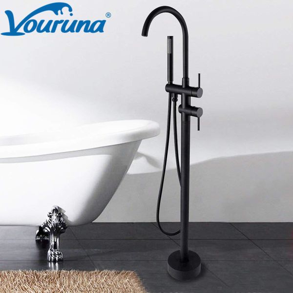 VOURUNA Matte Black Floor Mounted Bathtub Faucet with Round Free-Standing Design