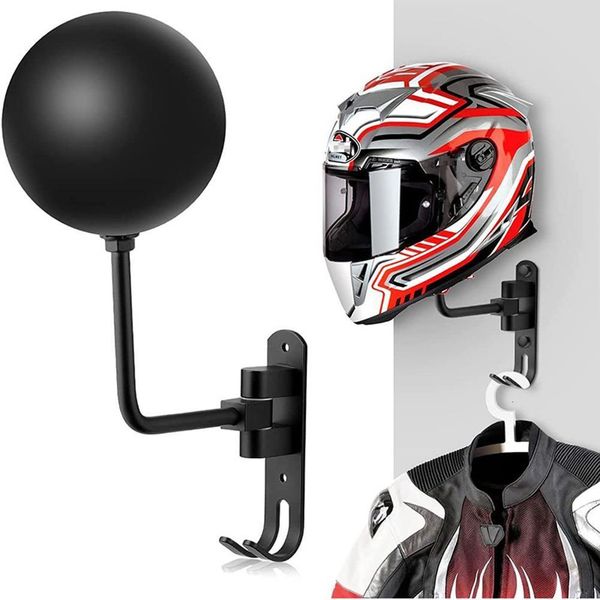 Wall-mounted 180-degree rotating motorcycle helmet hanger with dual hooks for coats and hats display
