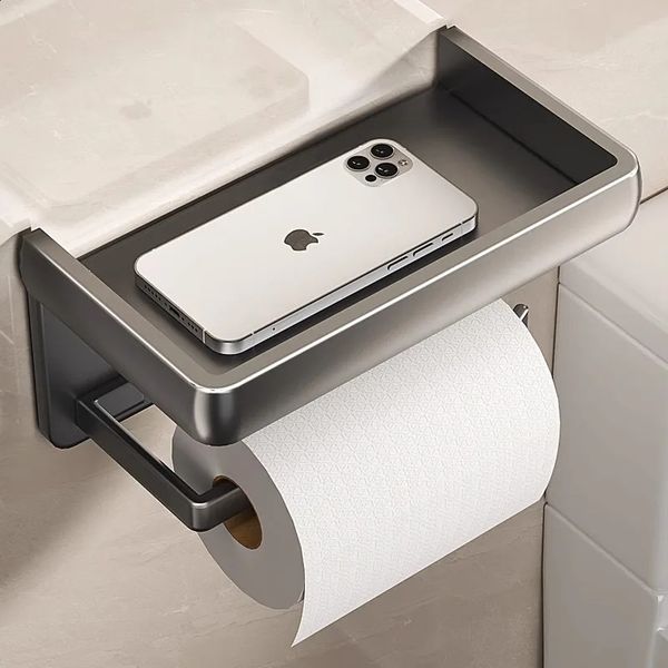 Wall-mounted aluminum alloy toilet organizer with phone holder for bathroom