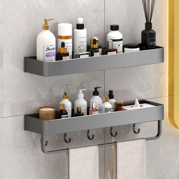 Wall-mounted aluminum bathroom organizer for shampoo, towels, and makeup storage without drilling