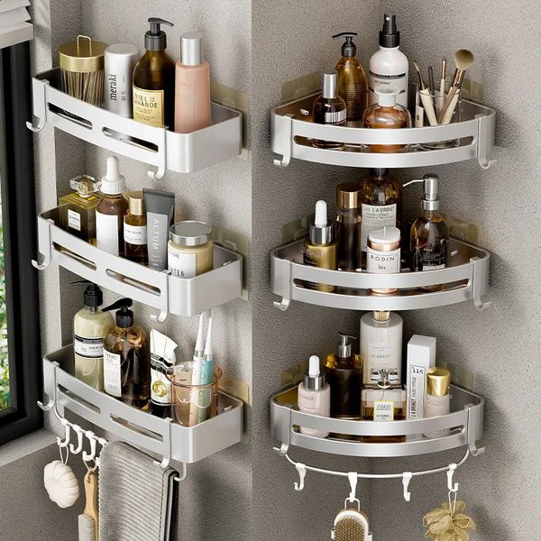Wall-mounted aluminum bathroom shelf for shampoo bottles, no-drill shower corner rack for storage