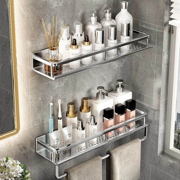 Wall-mounted aluminum bathroom shelf with towel bar, thickened silver storage organizer