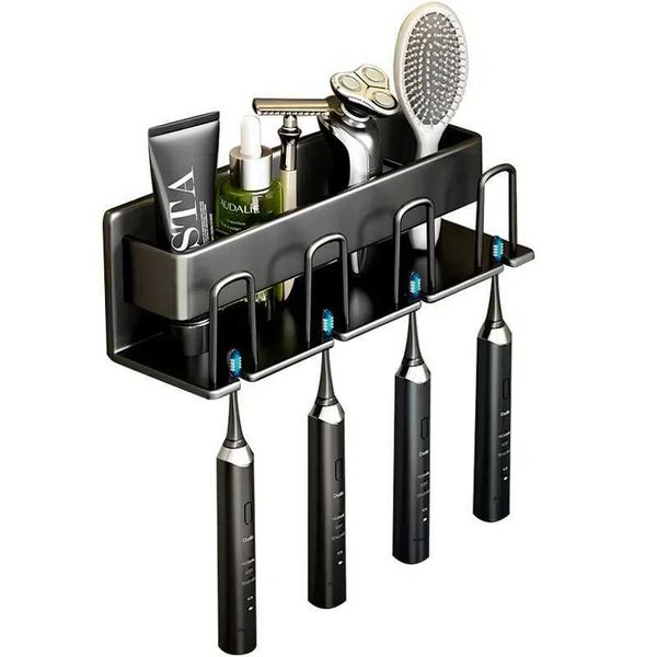 Wall-mounted aluminum electric toothbrush holder with toothpaste cup hook and bathroom organizer