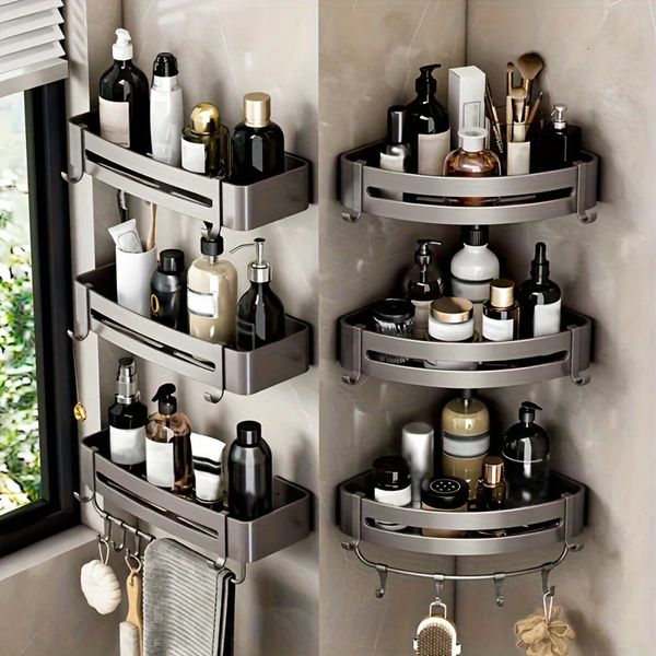 Wall-mounted aluminum shampoo rack with hooks for waterproof bathroom storage