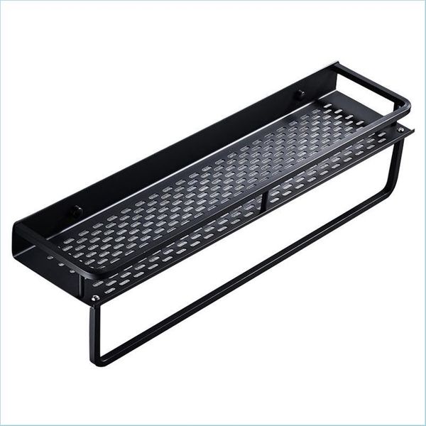 Wall-mounted aluminum shelf organizer for bathroom storage with space for shower essentials and towels