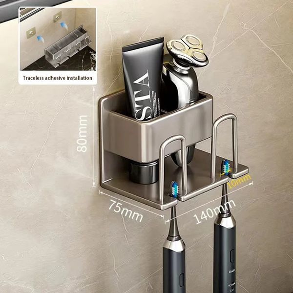 Wall-mounted aluminum toothbrush holder with toothpaste dispenser for electric hair brushes, a bathroom organizer accessory