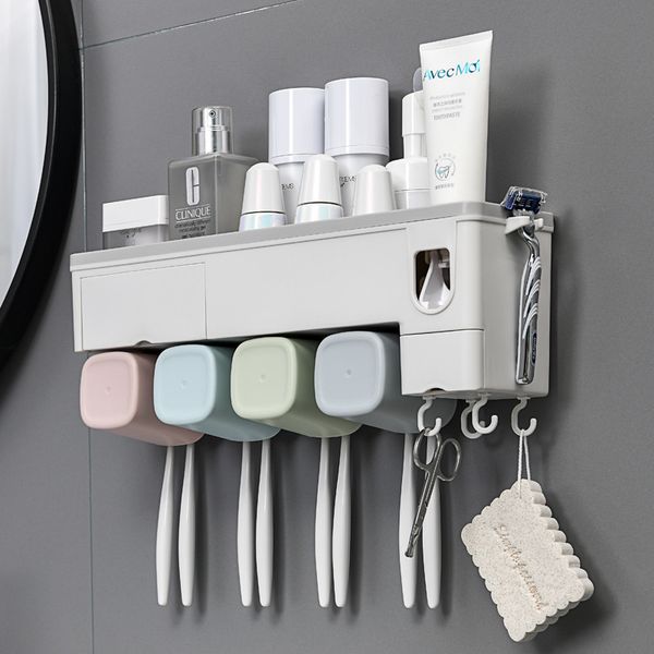 Wall-mounted automatic toothpaste dispenser with toothbrush holder for bathroom storage