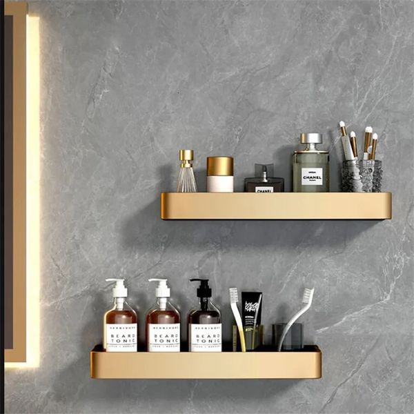 Wall-mounted bathroom corner shelf in brushed gold and black aluminum for shower storage