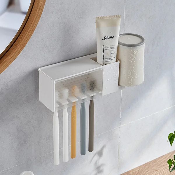 Wall-mounted bathroom organizer with suction cups for toothbrush and toothpaste storage