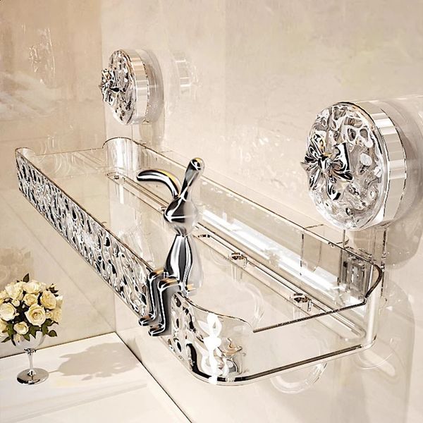 Wall-mounted bathroom storage rack with sturdy suction cups for toiletries organization